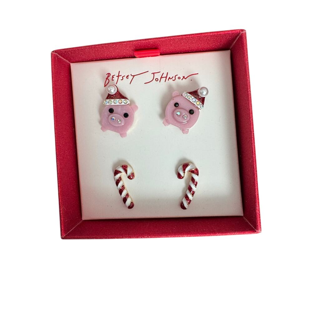 Betsy Johnson Piglet & Candy Cane Earring set. NEW